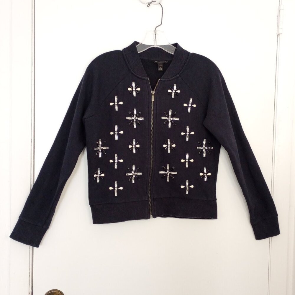 Banana Republic Navy Embellished Zip Front Sweatshirt Bomber Jacket
